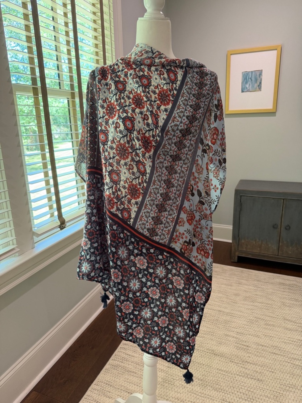 J. Jill Floral & Lightweight Wrap in Blue and Rust with Tassels. Like New.